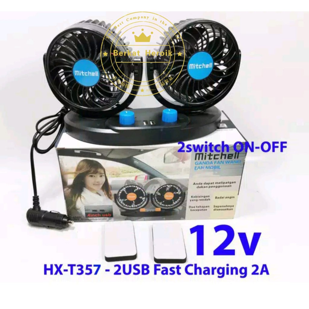 MITCHELL HX-T357 12V DC 2USB 2A + ON-OFF swing kipas mobil double fan