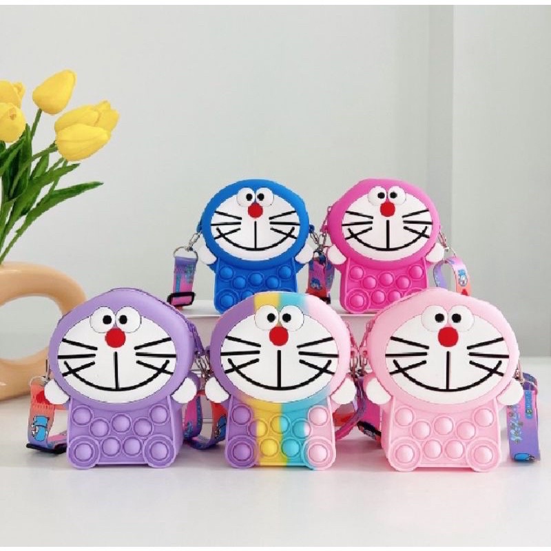 NF Tas anak POP IT Doraemon tas jelly rubber tas selempang motif lucu import