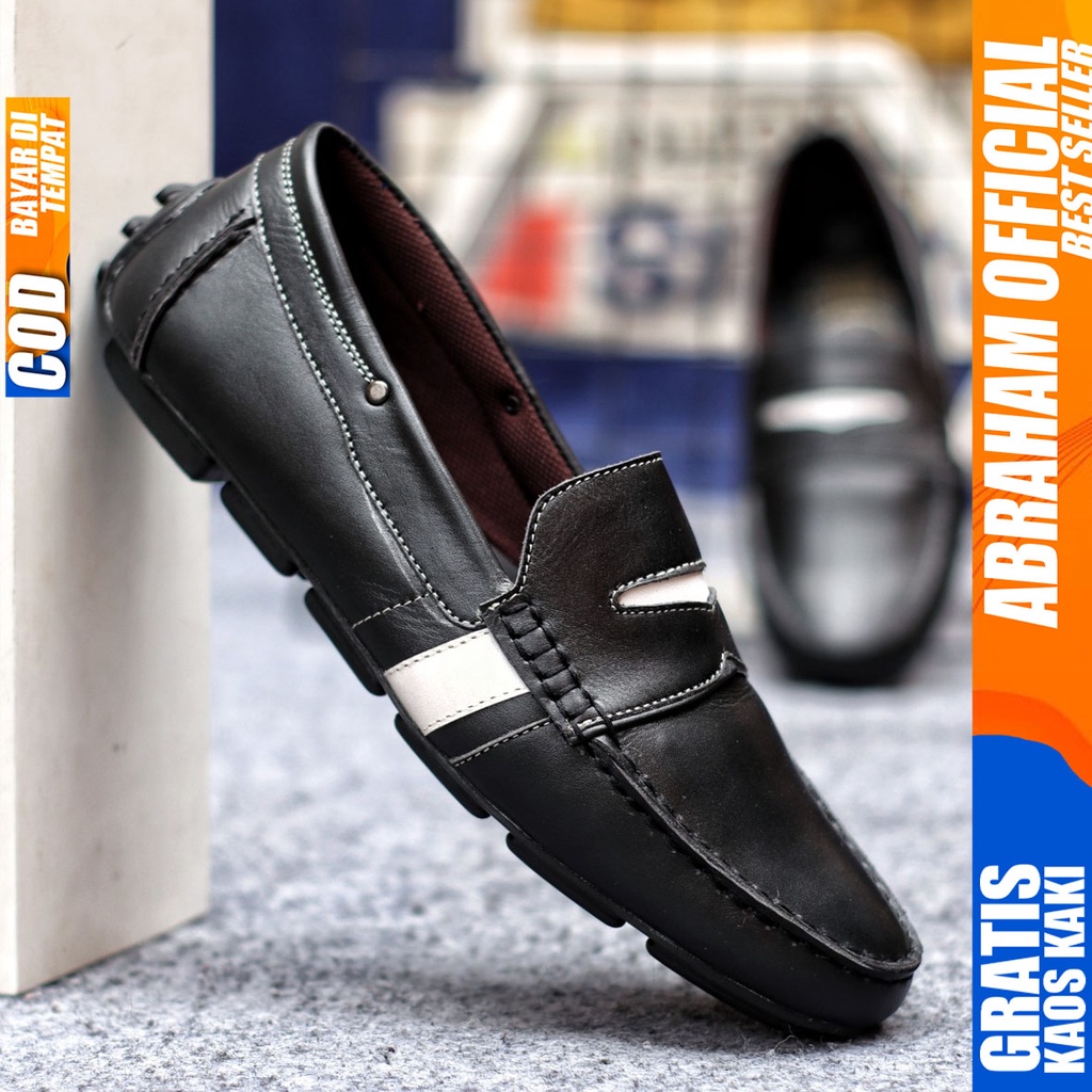 Sepatu Casual Pria Slip On Slop Selop Pansus Santai Kulit Asli Kerja Kantor Kulit Kondangan Hitam Polos Fashion shoes Terbaru Original Murah Kekinian Cowok VELAS ABRAHAM