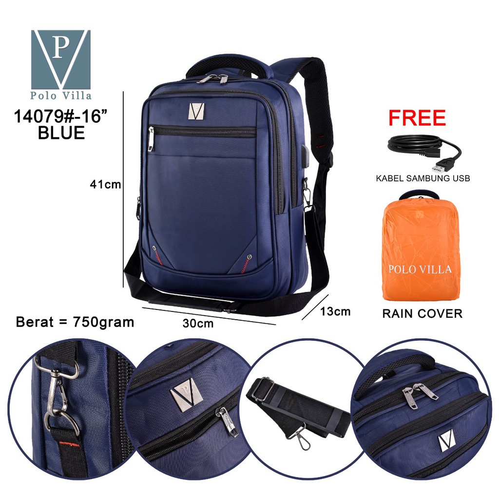 (RF) Tas MultiFungsi Polo Villa 14079 Tas Sekolah Laptop Kerja  (Free Rain Cover+Extension USB)