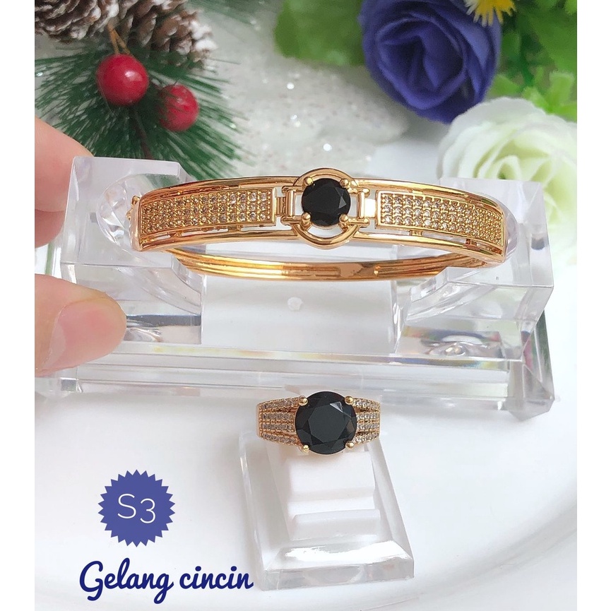 (MEI) Set Perhiasan Lapis Emas Xuping Gelang Ring Cincin Batu Permata Merah Hitam Titanium Realpict