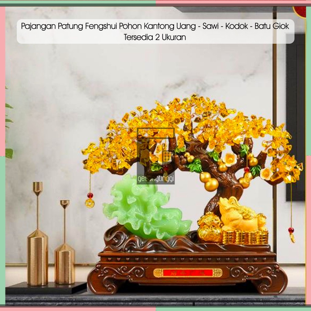 Patung Pajangan Hiasan Meja Kantor Aesthetic Benda Gelang Fengshui Fengsui Feng Shui Pohon Tree Tanaman Labu Bambu Sri Dewa Dewi Rejeki Rezeki Hoki Sawi Putih Kodok Kodokan Katak Gigit Kantong Uang Duit Coin Emas Gold Keberuntungan Giok Resin Decoration