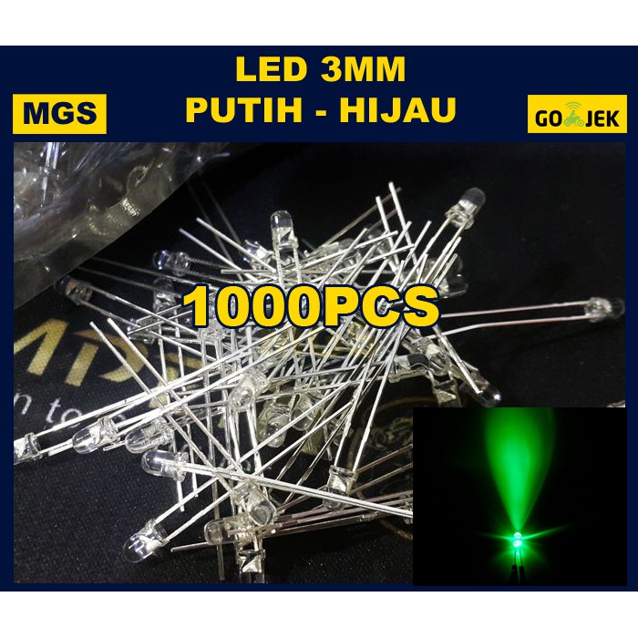 1000PCS LED 3MM PUTIH NYALA HIJAU