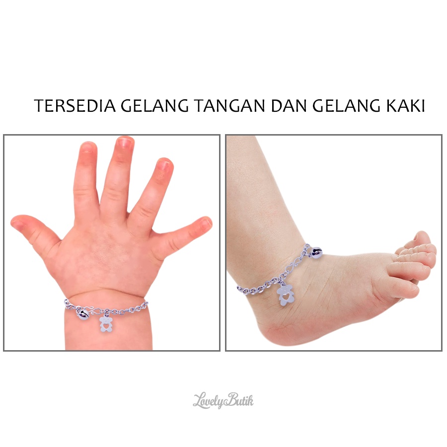 Lovelybutik Gelang Tangan Gelang Kaki Bayi Monel Kerincing Baby 0-2 Tahun Bear Kecil Krincingan Baja Putih Stainless Steel