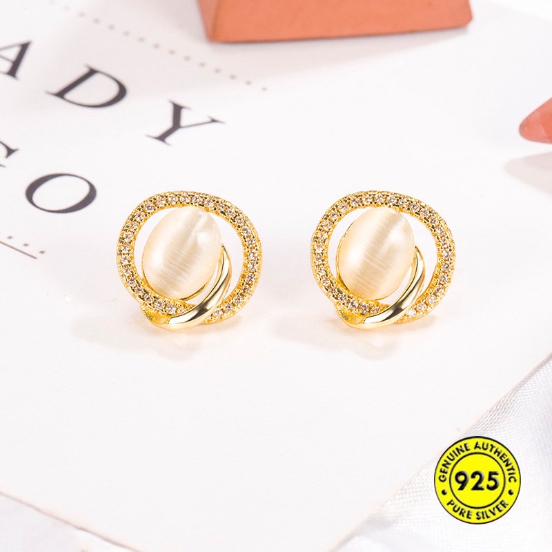 Anting Tusuk Batu Opal Berlian 18K Mewah Ringan Untuk Wanita U942