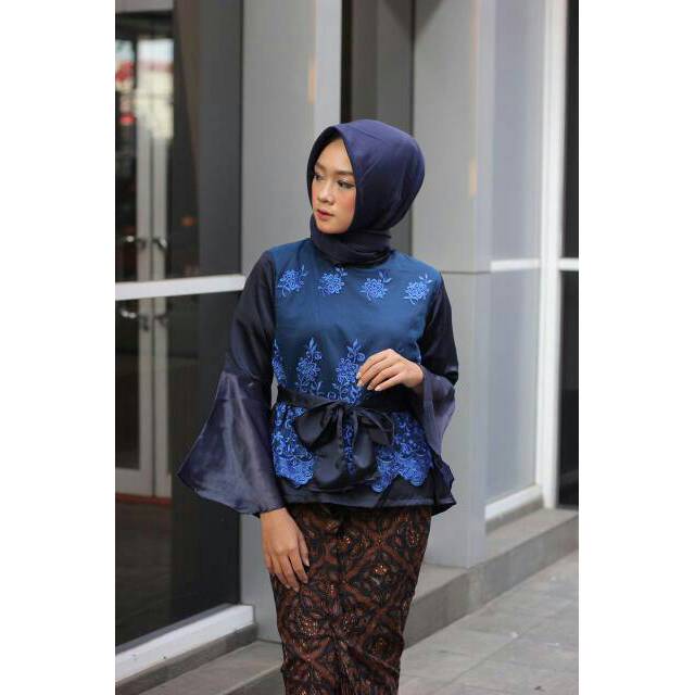 Blouse Hijab Tulle Bordir Wanita Biru Dongker M L XL XXL