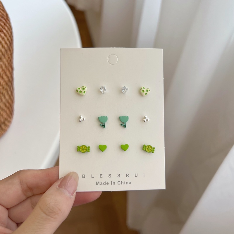 6 Pasang / Set Anting Stud Berlian Imitasi Bentuk Bunga Hati Kelinci Bahan Alloy Untuk Wanita