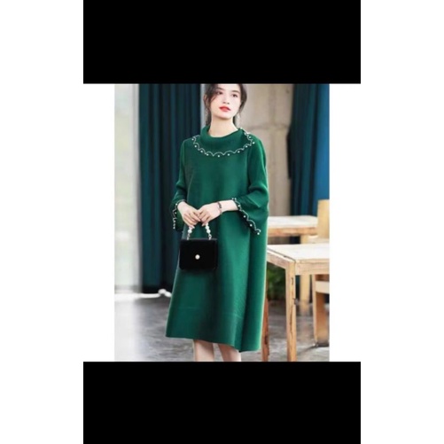 Baju Wanita Atasan Dress Plisket Pakaian Kantor Import Premium Wanita Motif Mutiara Turun Naik Dress