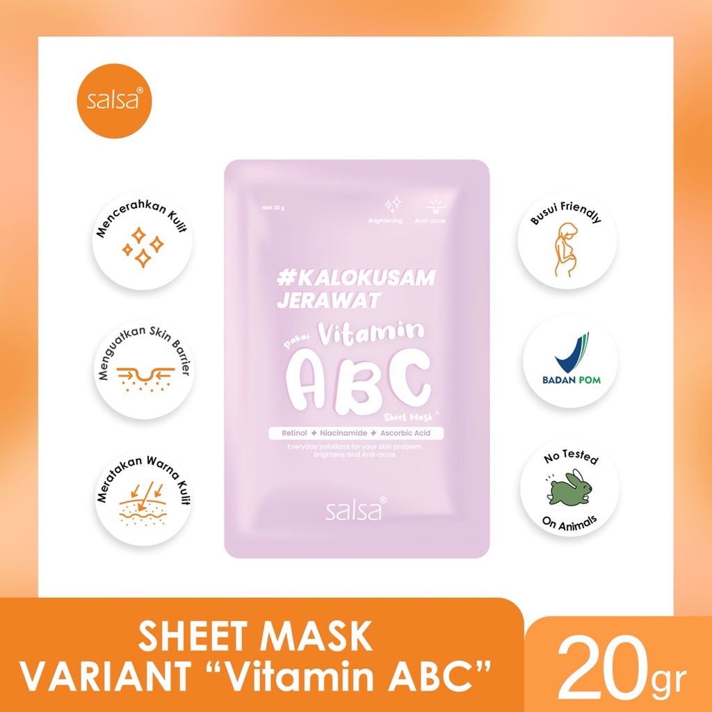 Salsa Sheet Mask 20gr | Masker Wajah Salsa Vitamin ABC, Snailed it, Hyaluronic | BPOM