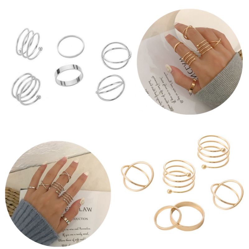 Set (6 buah) Cincin Geometri Aneka Bentuk Silang Spiral Flat Geometric Ring Bahan Alloy Fashion Korea Korean Ring Gaya Punk