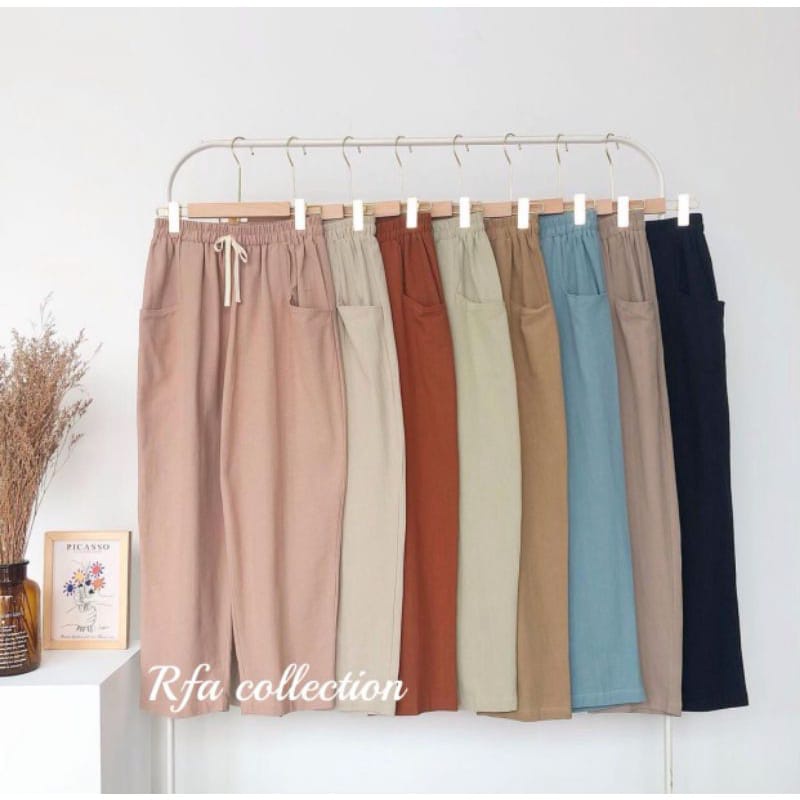 Celana Highwaist Katun Linen Model Saku Depan Jumbo Big Size XL / Celana Kasual Katun Linen / Highwaist Lala