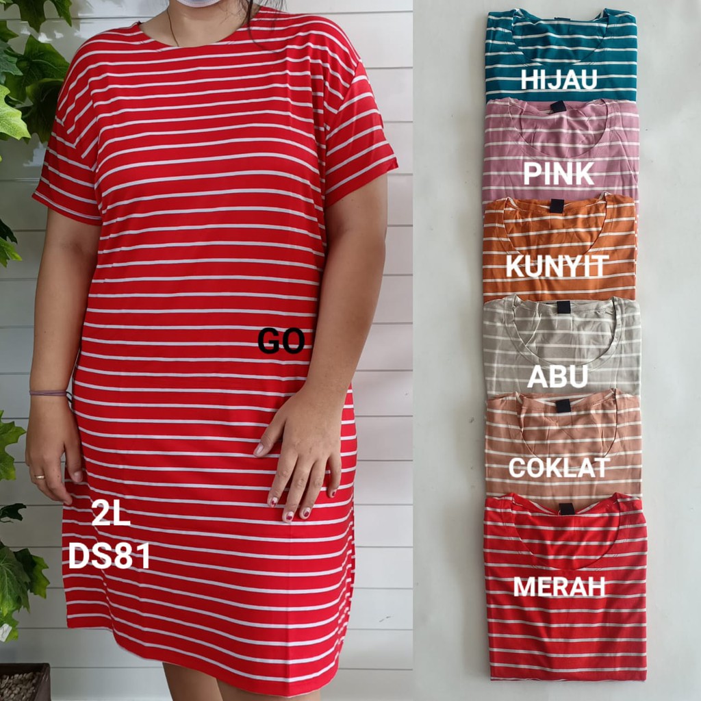 gof DS LMN JUMBO DRESS/DASTER Wanita Casual Motif Garis Salur Pakaian Perempuan Lengan Pendek