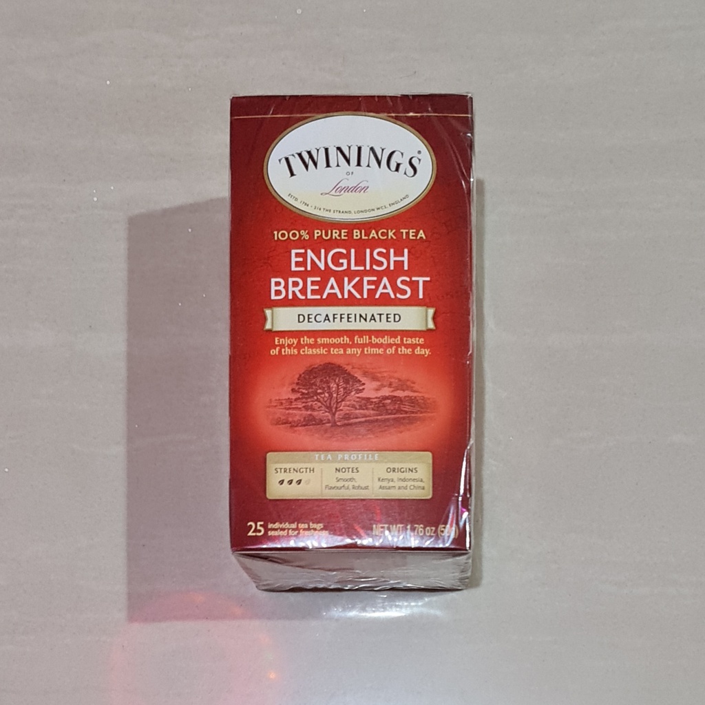 Teh Twinings of London Pure Black Tea English Breakfast Decaffeinated 25 x 2 Gram