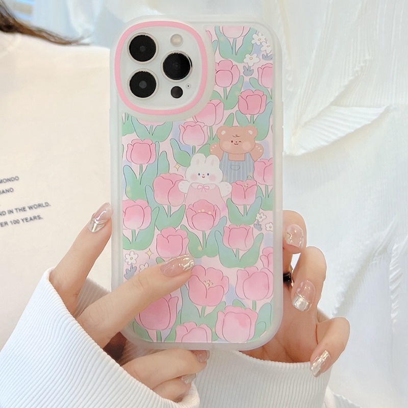 Lucu Tulip Bear &amp; Kelinci Ins Pretty Big Eyes Silicone Soft Case IPhone 7 8 Plus X XR XS Max IPhone 11 Pro Max 12 13 Pro Max SE 2020 Cover