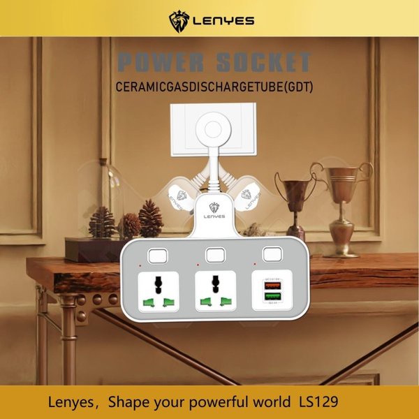 LENYES LS129 Stop Kontak 3000W Charger Power Socket Fleksible 3 Port 3000Watt
