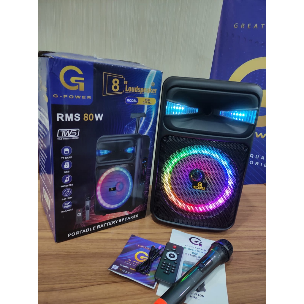 G-Power GST 881 SPEAKER PORTABLE RGB 8 Inch Free 1 Microphone Wireless ORIGINAL GARANSI RESMI