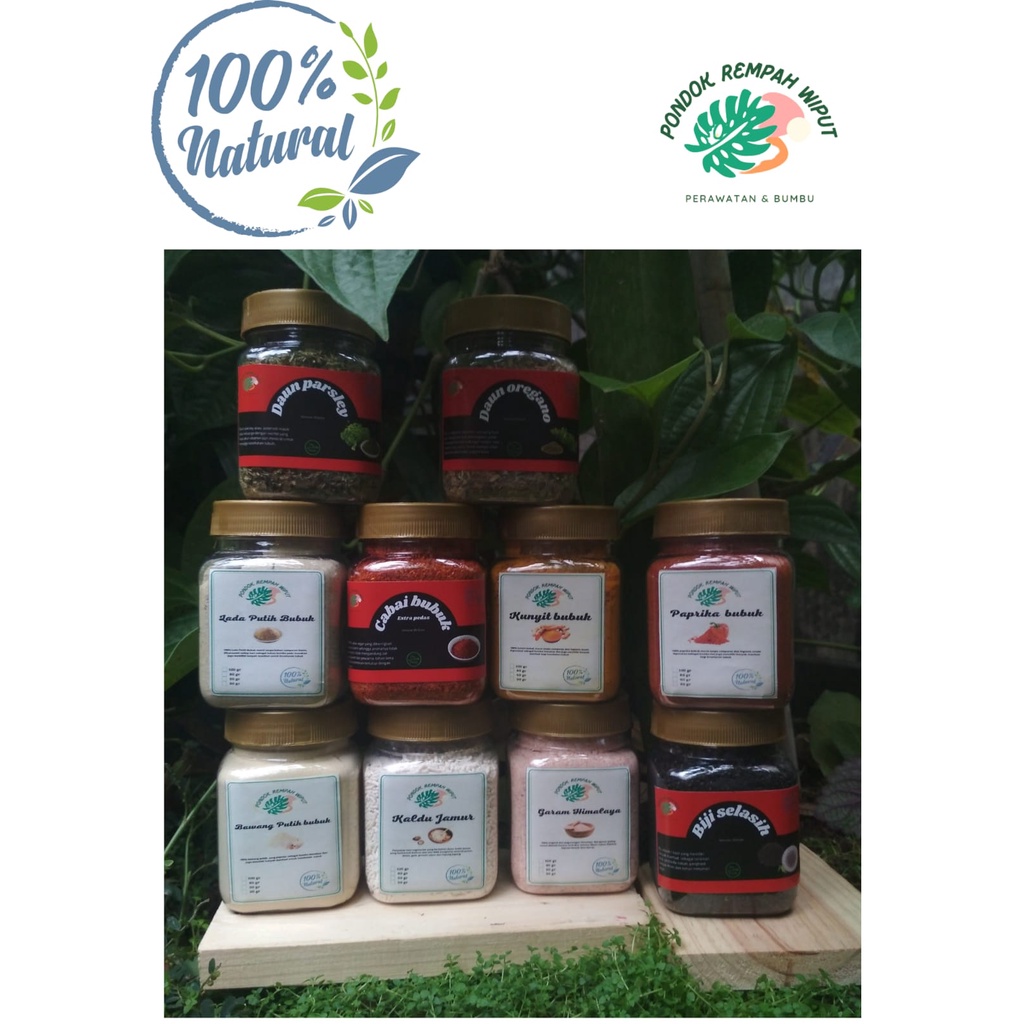 

Pondok Rempah Wiput kemasan botol / bumbu dapur / Kunyit / Bawang Putih / Lada / Kaldu Jamur / Garam Himalaya / Paprika / Cabai bubuk / Daun Oregano / Daun Parsley / Biji Selasih