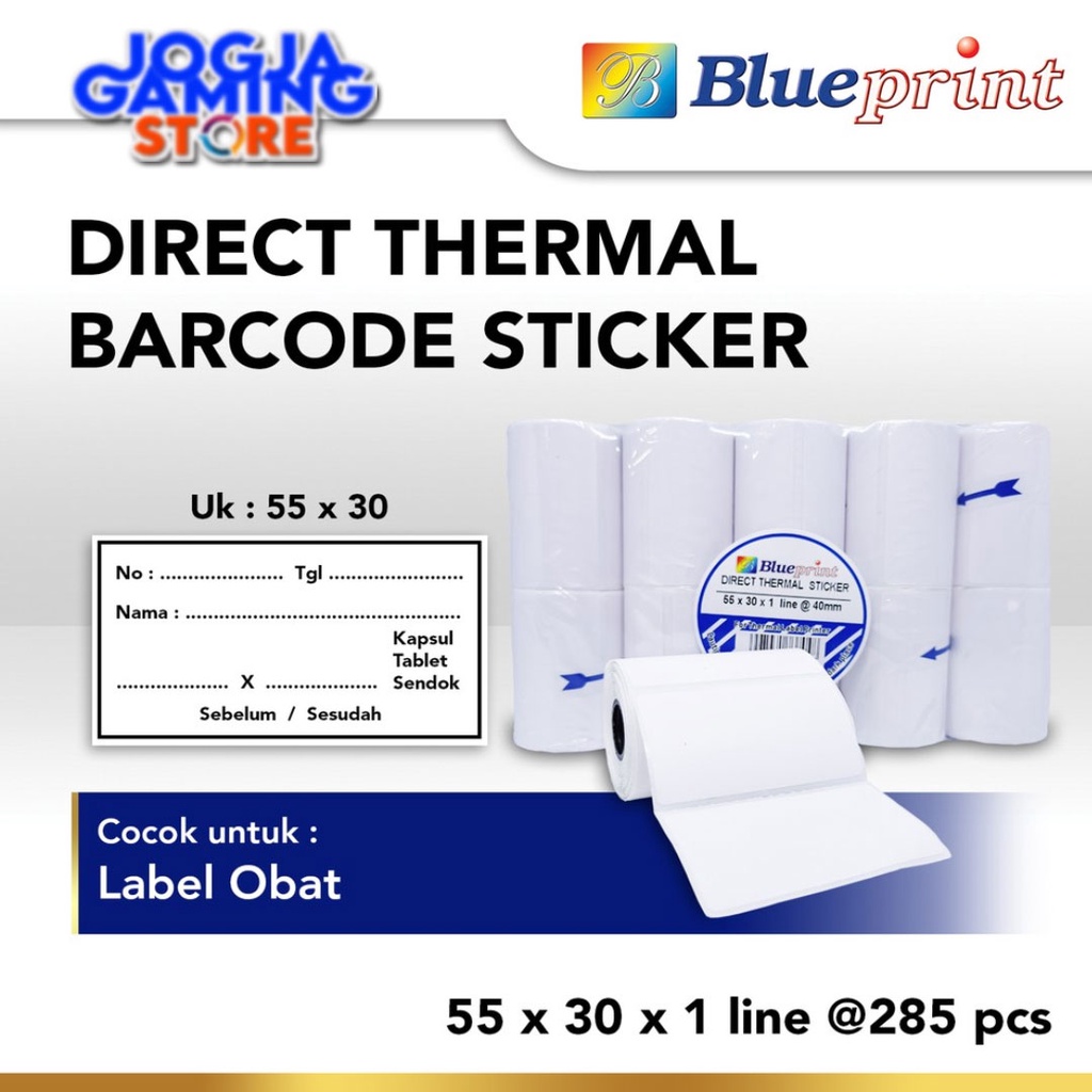 

Direct Thermal Sticker / Label Stiker BLUEPRINT 55x30 mm x1 Line 280 Pcs