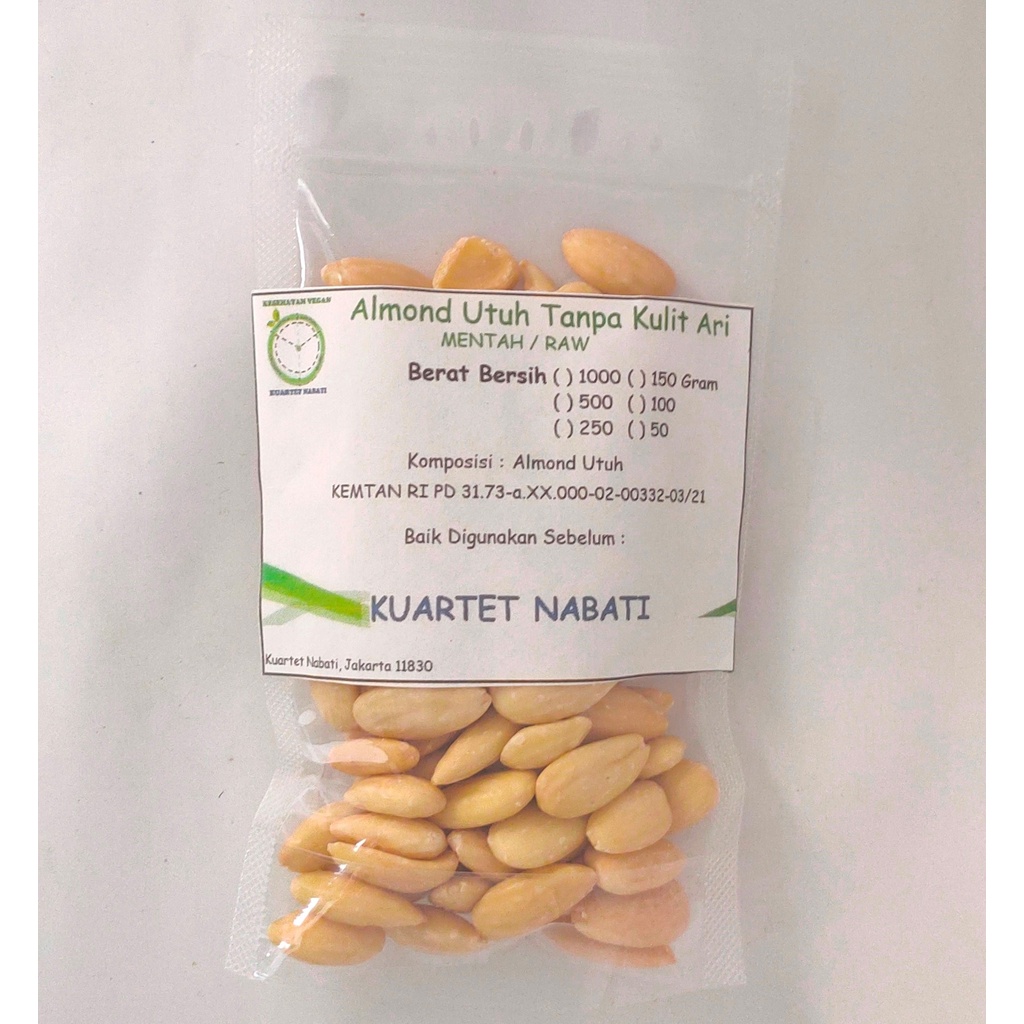 

100gr Almond Utuh Mentah Tanpa Kulit Ari/ Raw Almond Whole Skinless Size Besar 27-30