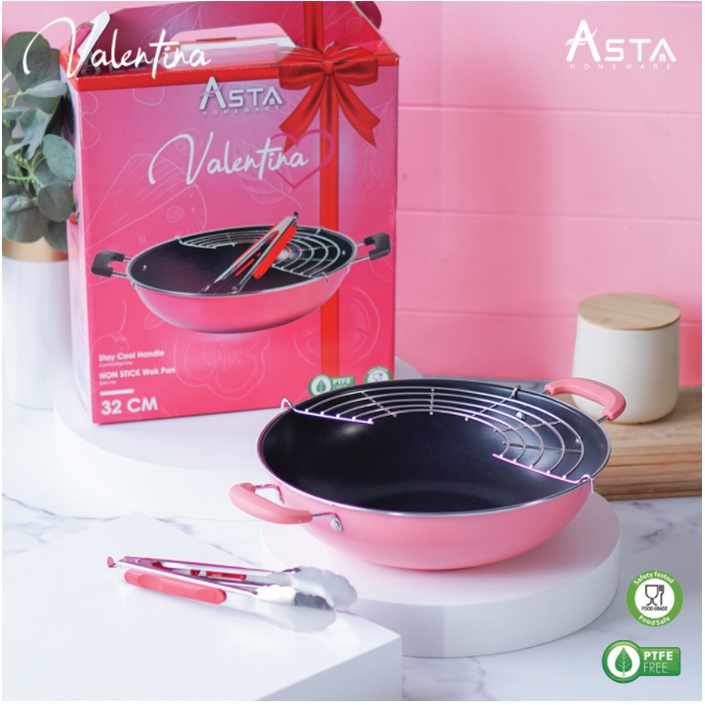 Panci Wajan - Wok Pan Penggorengan 32 CM Anti Lengket + Tirisan Minyak - Cookware Set 3 PCS Asta Valentina