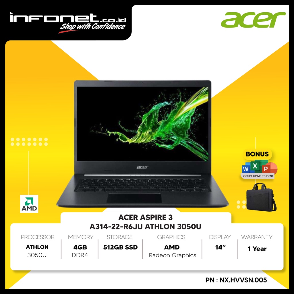 ACER ASPIRE 3 A314-22-R6JU ATHLON 3050U 4GB 512GB SSD AMD RADEON GRAPHICS 14" W10 OHS