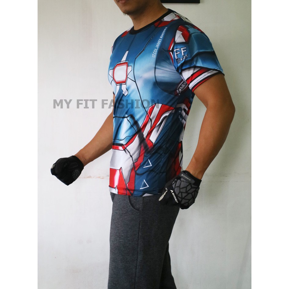 Pakaian kaos gaul  BAJU KAOS PRIA SUPERHERO IRON MAN MARVEL GYM FITNESS BASELAYER SEPEDA ash shop