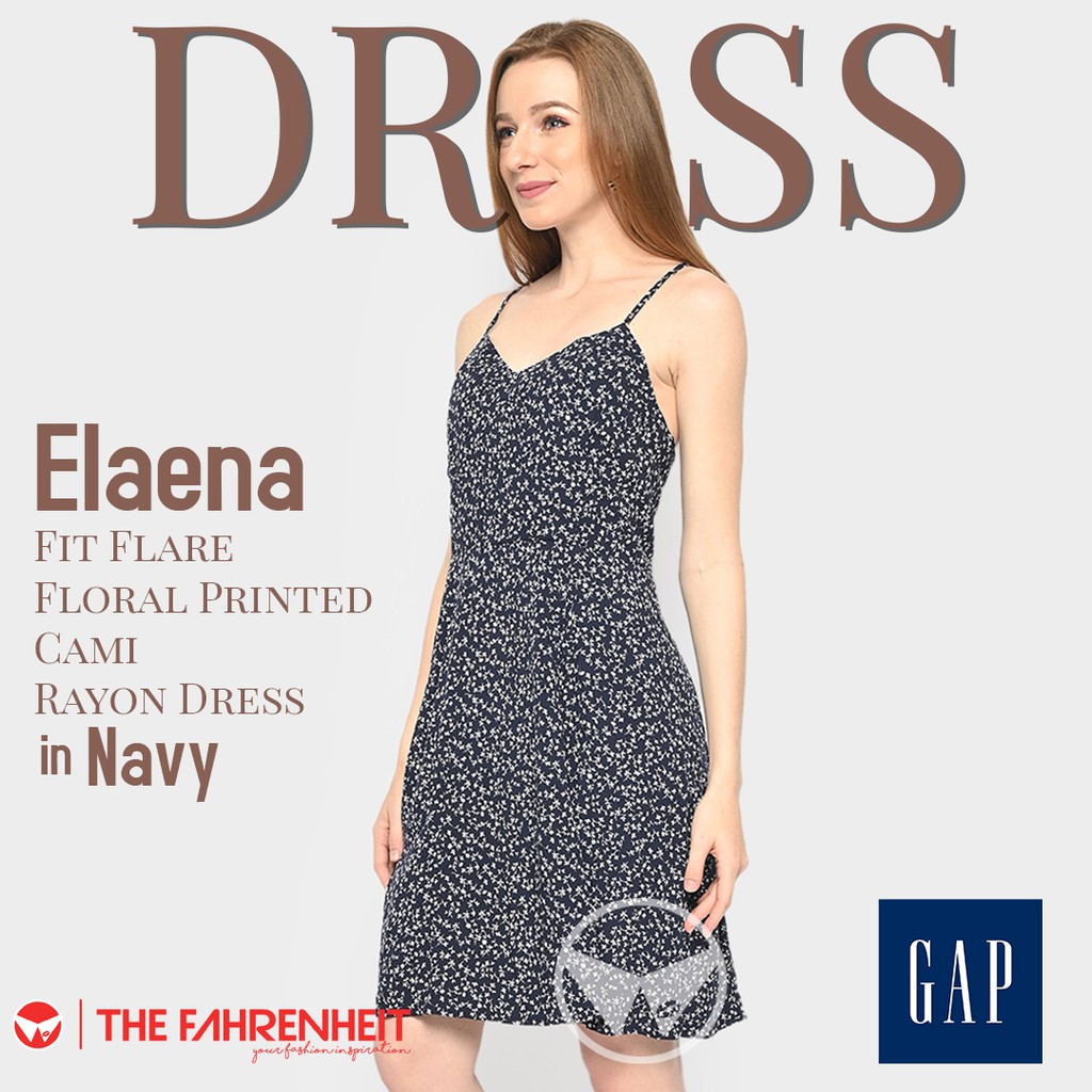 The-Fahrenheit Elaena GAP  Fit Flare Floral Printed Cami Rayon Dress - Navy