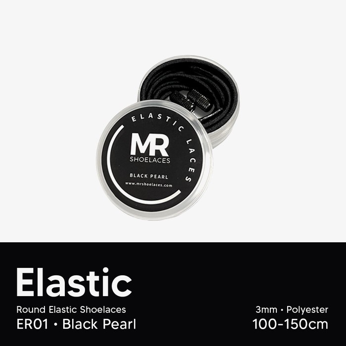 Original MR Shoelaces ER01 Elastic Black (Hitam) Tali Sepatu Bulat Round Elastis 80cm 100cm 120cm 150cm