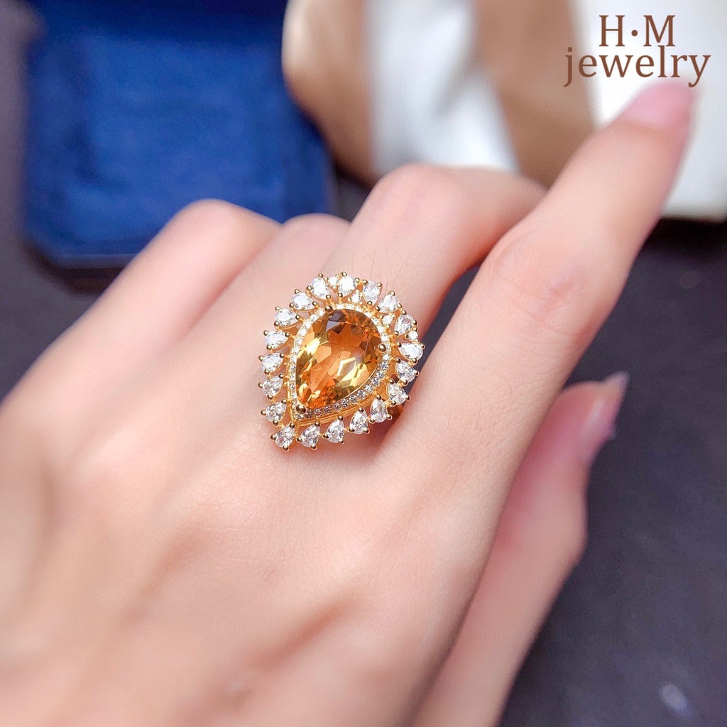 Cincin Lapis Emas 18K Dengan Batu Citrine Natural Mewah Untuk Wanita