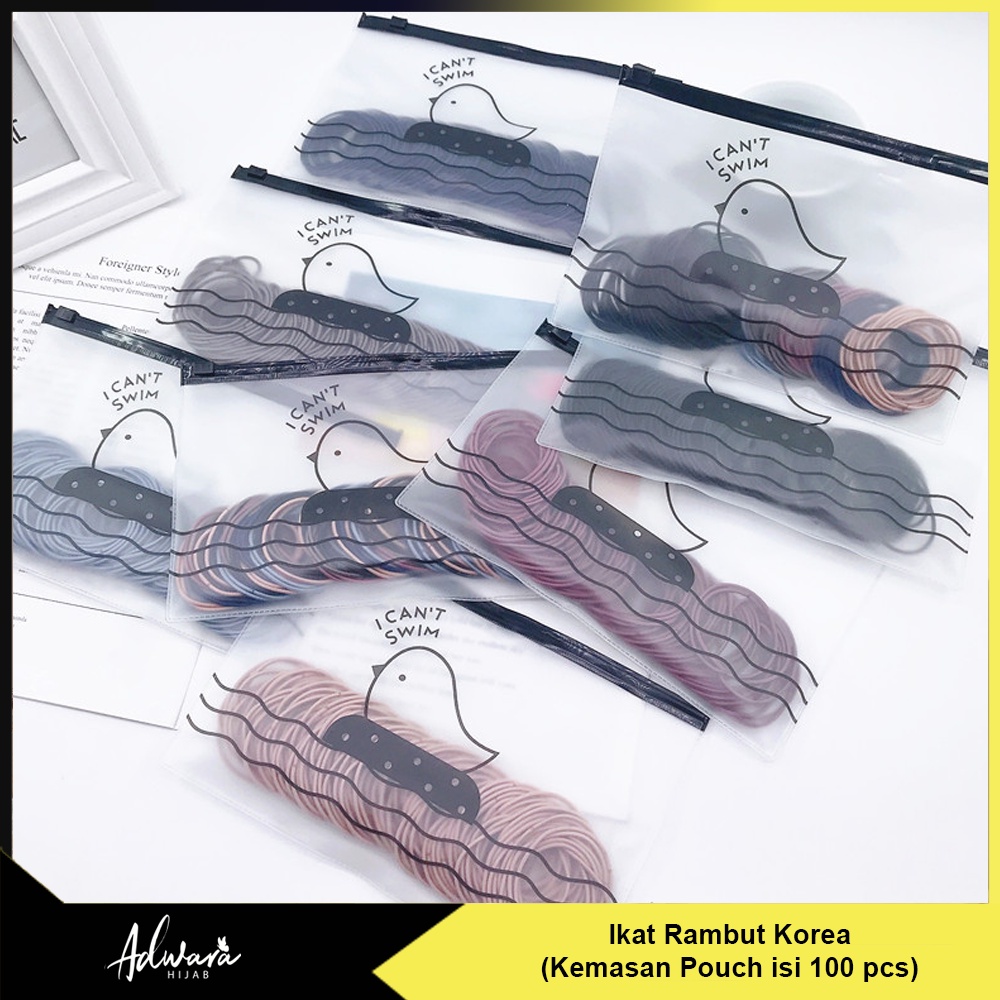 Ikat Rambut Korea 100 Pcs Karet Elastis Polos Kemasan Pouch I Can't Swim