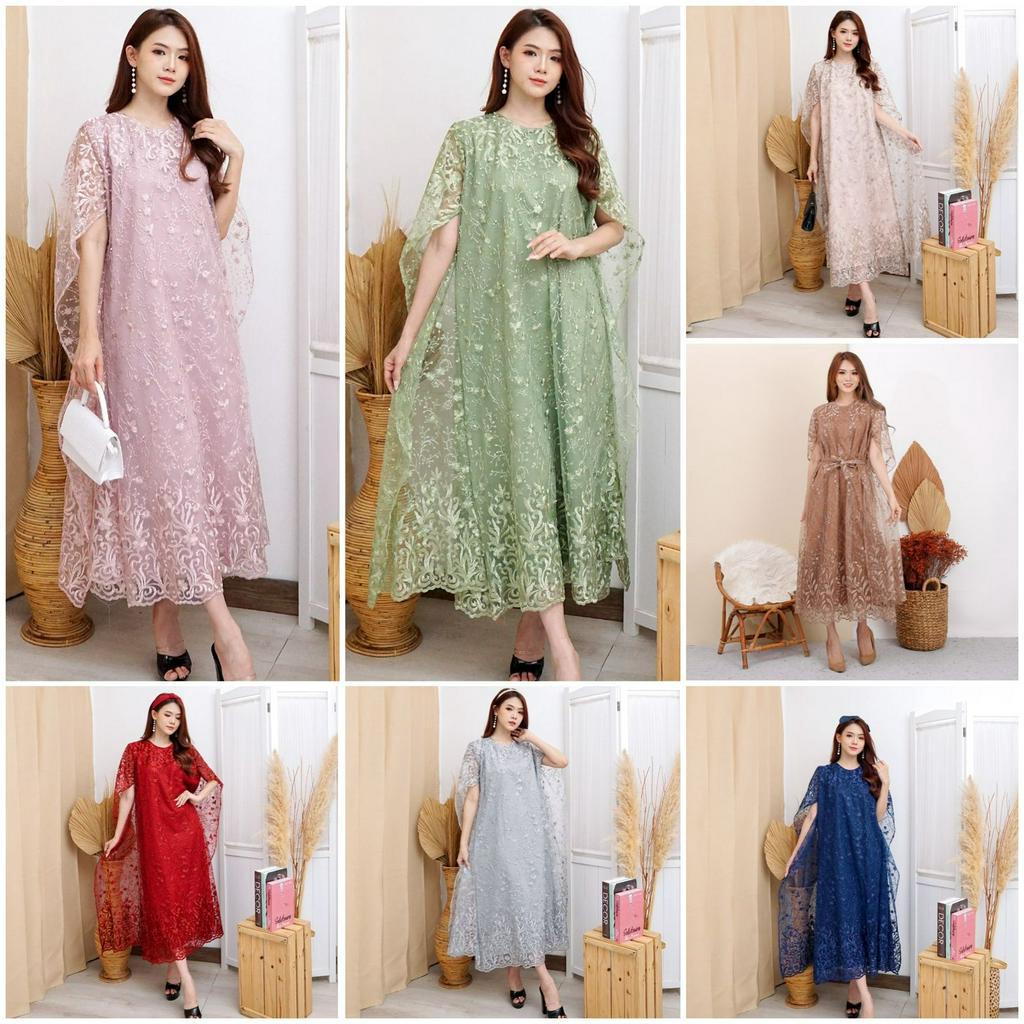 Long Dress Nagita Brukat Tille Bordir + Mutiara Gliter LongDress Batwing Brokat Premium