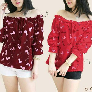 DNCMS BLOUSE OFF SHOULDER FLAMINGO BAJU ATASAN WANITA TWISCONE MERAH CABE MAROON MURAH ANGSA LUCU