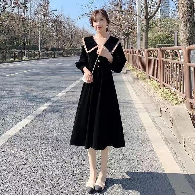 H7 D21/21 Korean velvet midi dress long sleeve import / gaun panjang beludru lengan panjang leher collar kancing / vintage dress