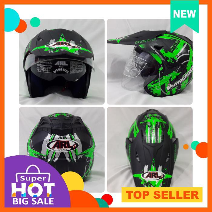 Helm Arl Semi Cross Half Face Double Visor Motocross Hitam Doff