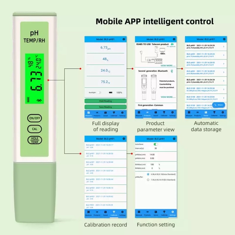 Bluetooth App Control Ios Android PH Meter Digital Air + Suhu + Kelembaban BLE-PH01