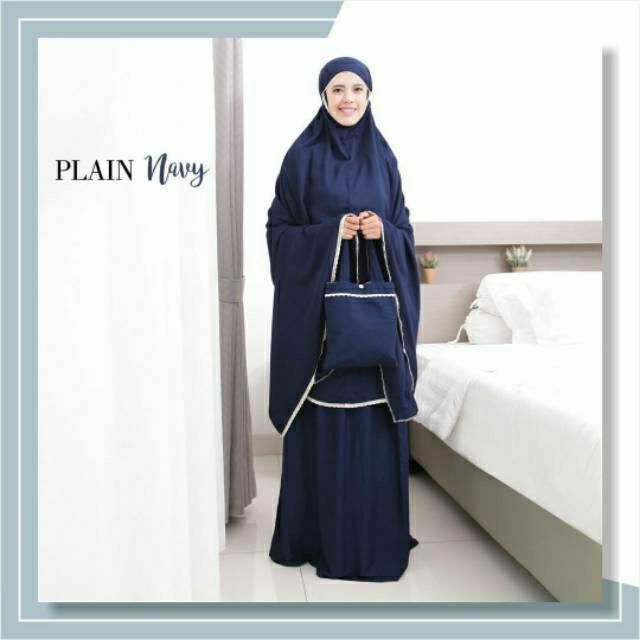 Mukenah Tazbiya Plain Navi/Blue Dewasa Jumbo Katun Rayon Adem Travelling