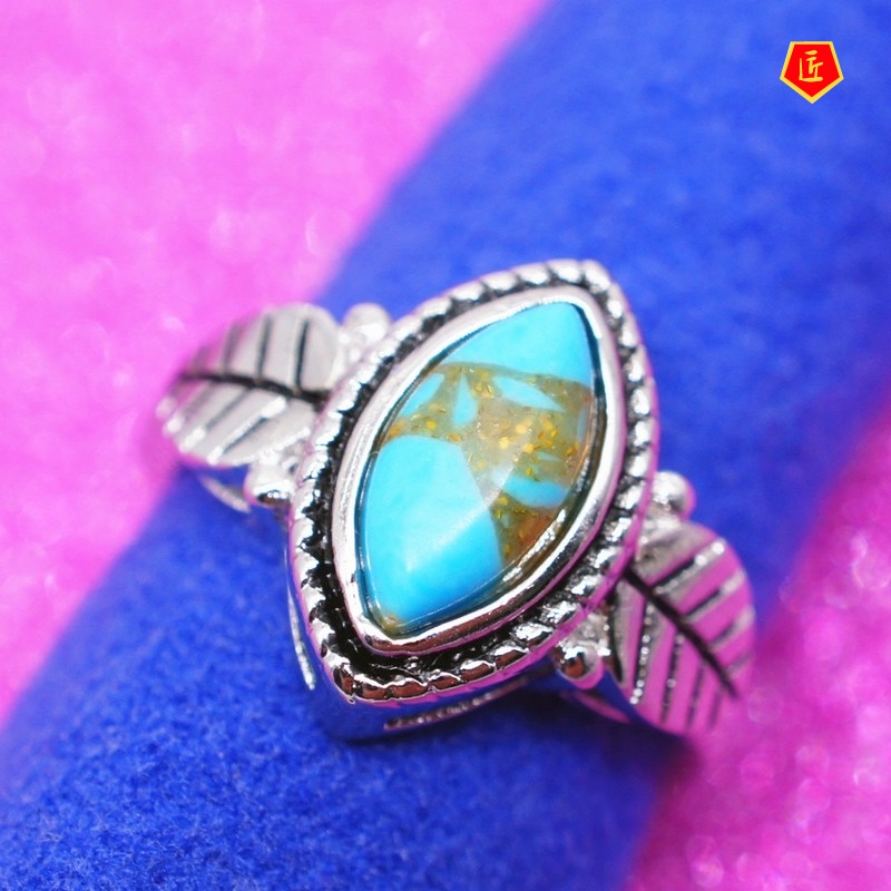 [Ready Stock]Retro Turquoise Leaf Shaped Ring Distinguished Personality