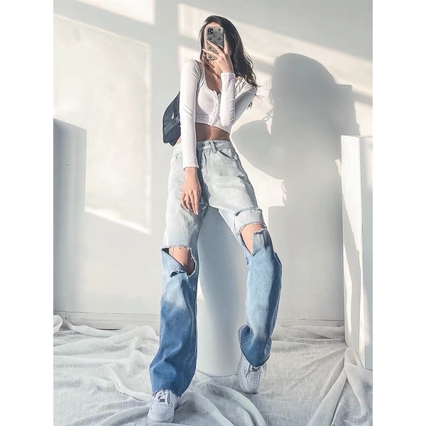 JEANS RIPPED IMPORT HIGHWAIST CELANA PANTS DENIM BAGGY CULLOTE HW LOOSE UNFINISH MX802