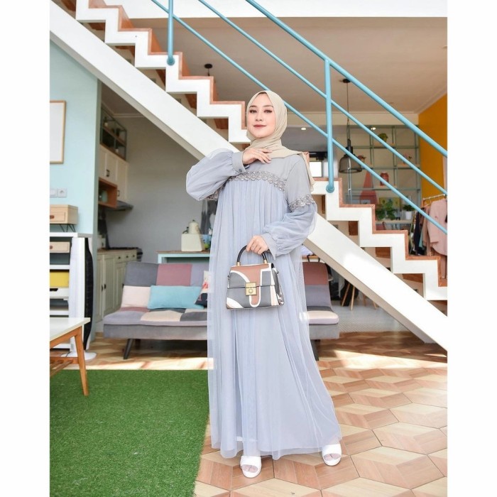 baju gamis wanita Gamis Wanita Terbaru / Dress Pesta Renda Import / Baju Muslim - Abu-abu, L baju ga