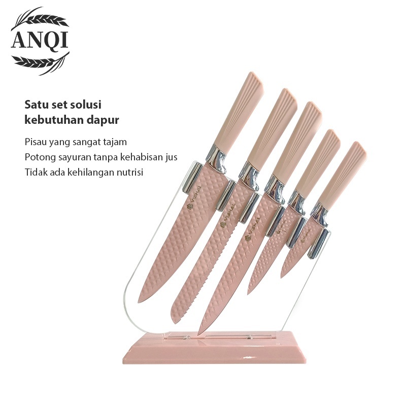 ANQI 1888 Paling Tajam Cookware Diamond Knives Set + Tempat Pisau / 6 Pcs Pisau Set VS-1845