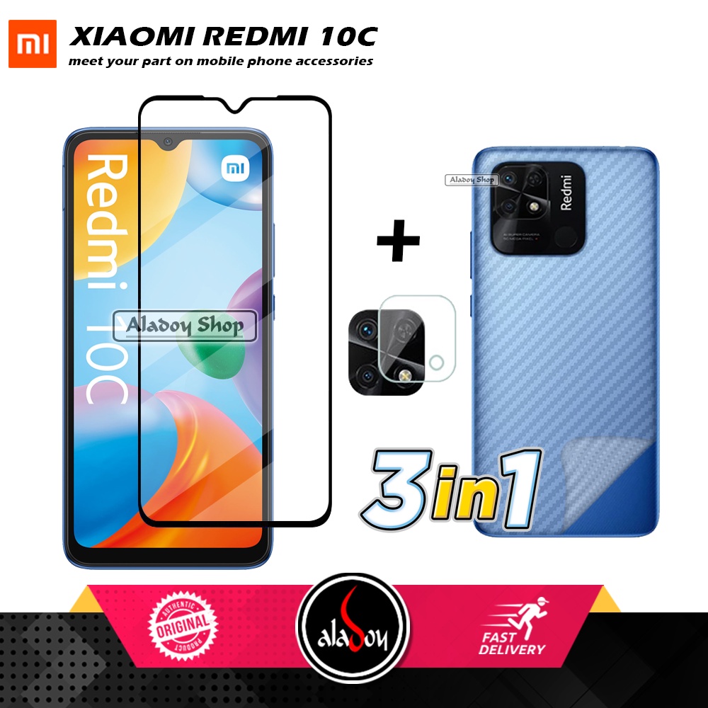 PROMO 3 IN 1 PAKET Tempered Glass XIAOMI REDMI 10C Free Tempered Glass Camera dan Skin Carbon