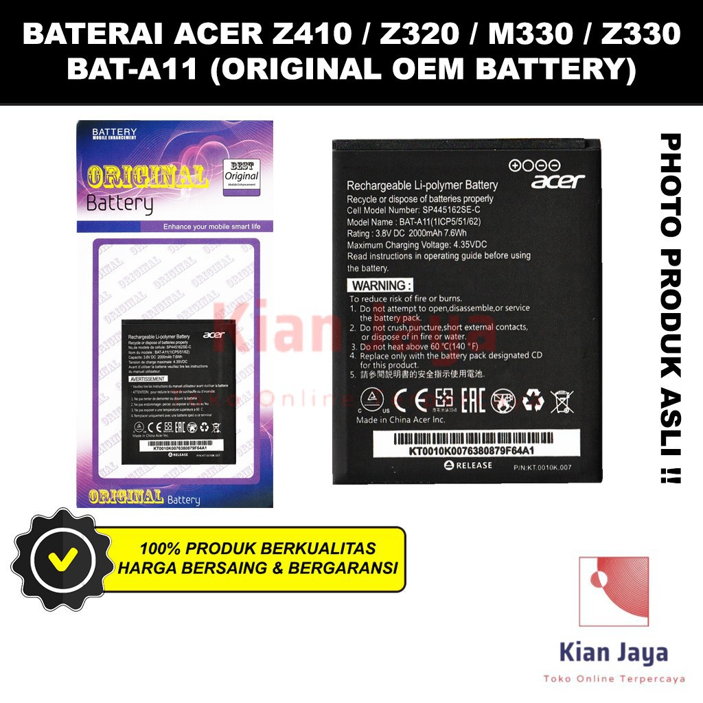 Baterai Hp Acer Z410, Z320, Z330, M330, BAT-A11, BAT11 Original OEM Batrai Batre Battery