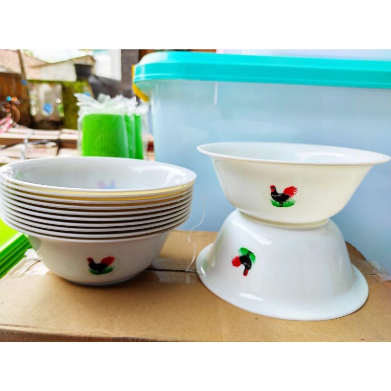 Mangkok Ayam Jago Plastik 12pcs-Satu Lusin Mangkok Jago Plastik