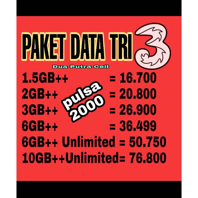 Kuota TRI AON NEW 1.5GB/2GB/3GB/6GB/10GB