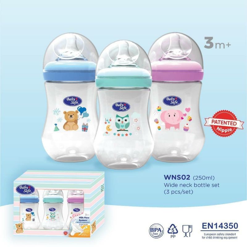 Botol Baby Safe Wide Neck WNS002 250ml botol susu bayi isi 3