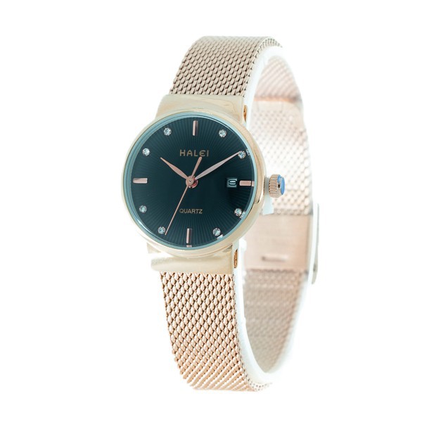 Jam Tangan Wanita Imut dan Keren Rantai Pasir Rosegold Halei Original Watch 8024 Plat Hitam