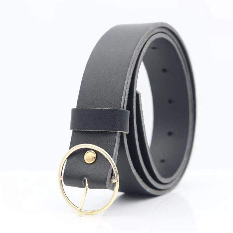 (COD）Ikat Pinggang Wanita Ring Belt/ PIN Gesper PU Fashion All-Match Sabuk Penjualan Import Fashion-(Sab-1) Emas Bulat