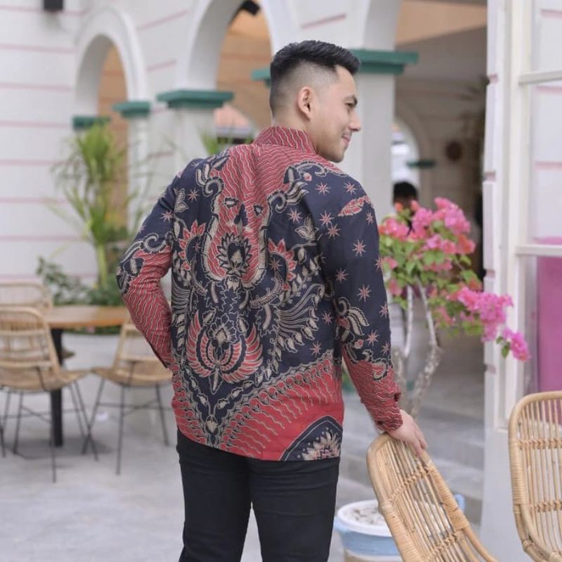 Kemeja Batik PREMIUM Lengan Panjang Warna Merah Hitam Batik Pria Bahan Katun Premium RegulerFit E022