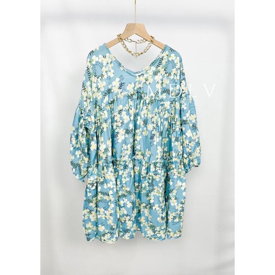 MDLV ~ 6960# Carlotta Loose Mini Dress Babydoll Dress Bigsize Blue Flower Fashion Import