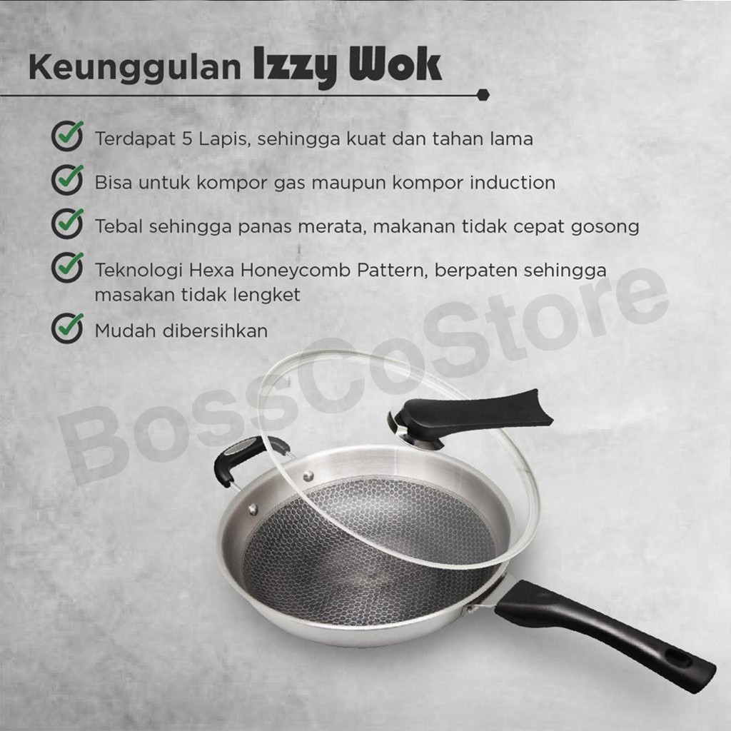 Izzy wok Wajan Stainless steel 304 Food Grade Anti Lengket Bebas PFOA wajan premium stir wok pan panci wajan antilengket wajan anti lengket frypan non stick fry pan antilengket kuali wajan penggorengan stainless anti lengket